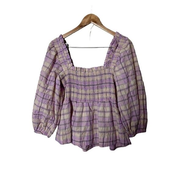 Ganni Seersucker Check Purple Balloon Sleeve Top Blouse 8 - Picture 4 of 7